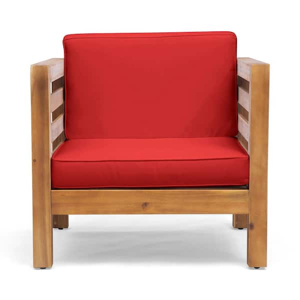 Noble House Oana Teak Brown Removable Cushions Wood Outdoor Patio Lounge Chair with Red Cushions