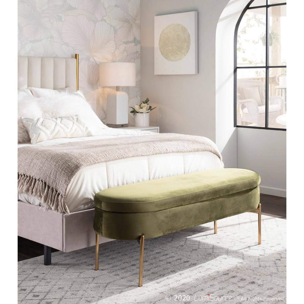Chloe 48" Green Velvet Gold Metal Contemporary Storage Bench