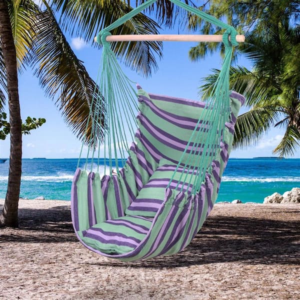 ITOPFOX 1-Person Wood Patio Swing Hanging Rope Chair with Green Pillow
