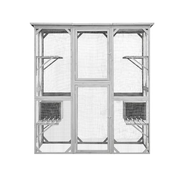 Tunearary 72 in. High Roof Outdoor Cat Cage with 3 Jumping Platforms and 2 Napping Houses, Grey