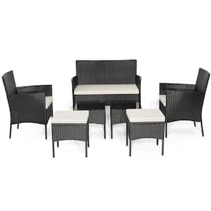 7-Piece Rustproof Wicker Patio Conversation Set with with Coffee Tables and Ottomans, Off White Cushions