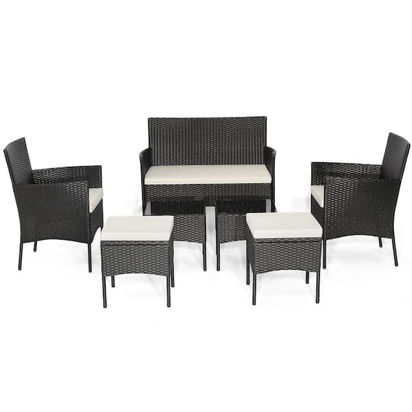 ANGELES HOME 7-Piece Rustproof Wicker Patio Conversation Set with with Coffee Tables and Ottomans, Off White Cushions