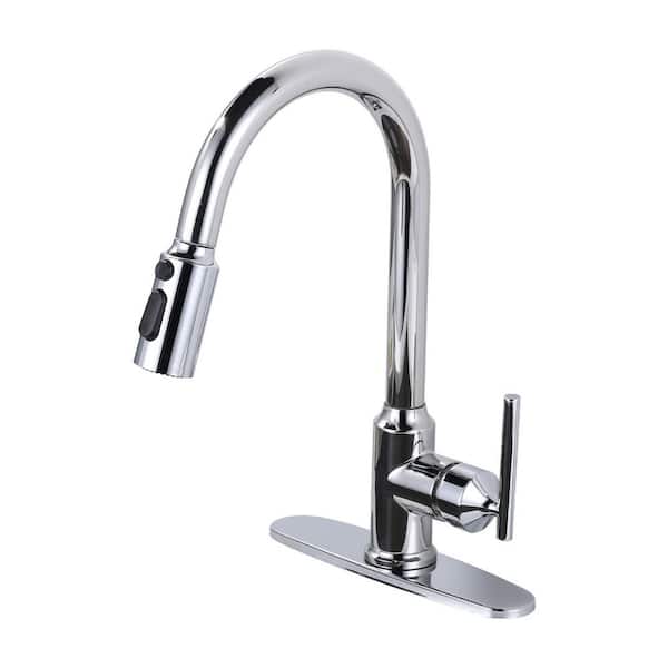 Modern High Arc Single Handle Pull-Down Sprayer Kitchen Faucet, Kitchen Sink Faucet with Deckplate in Polished Chrome