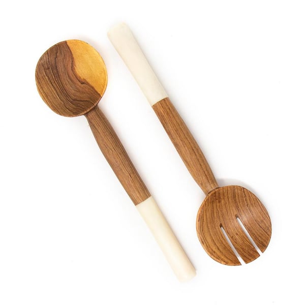 Global Crafts Olive Wood 2-Piece Salad Servers with White Bone