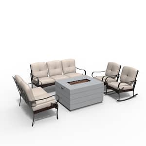 Bobbiesue Gray 5-Piece Concrete Patio Fire Pit Conversation Sofa Set with Beige Cushions