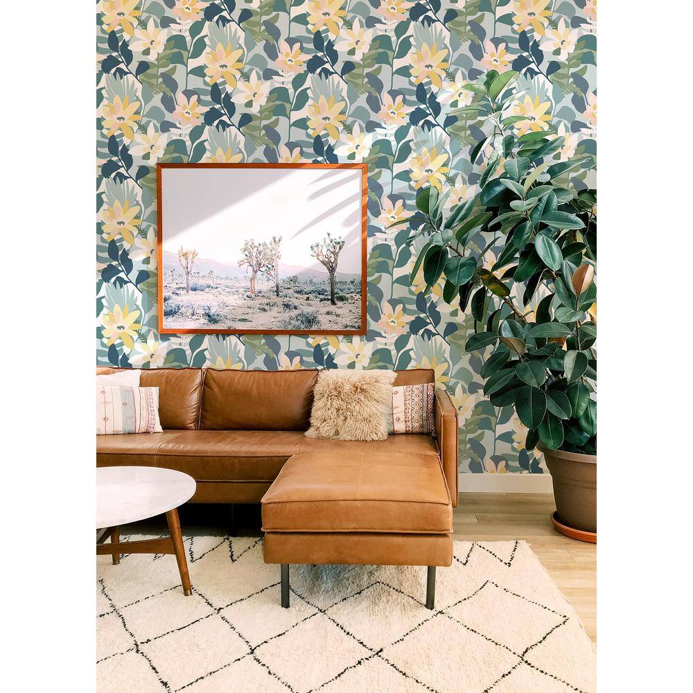 Turquoise Floral Non-Woven Removable Wallpaper Roll