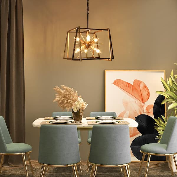 6-Light Dark Gold Sputnik Chandelier Lighting, Square Pendant Hanging Light, Farmhouse Black Ceiling Light for Kitchen