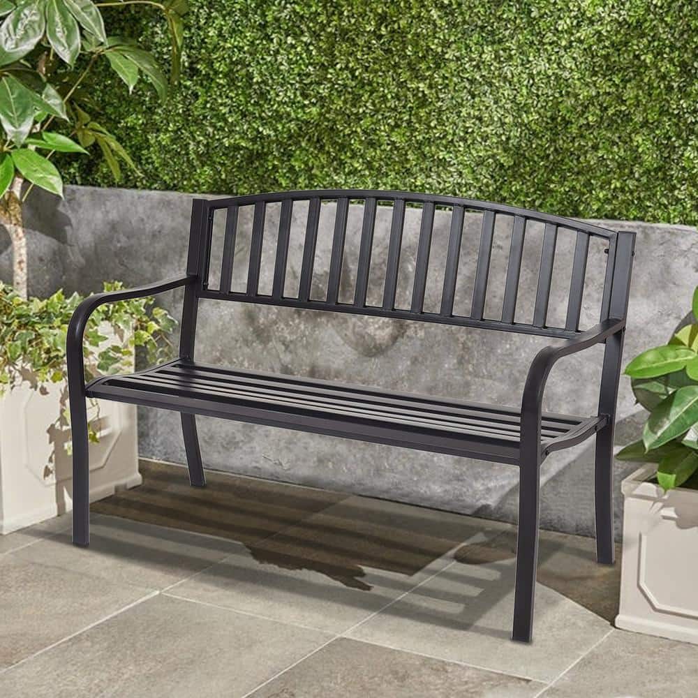 Black Cast Iron Outdoor Garden Bench with Slatted Backrest