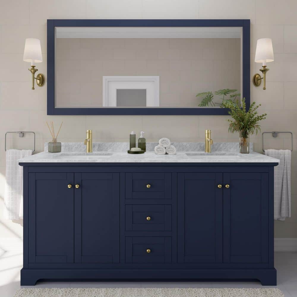 Avery 72 in. W x 22 in. D Bathroom Vanity in Dark Blue with Marble Vanity Top in White Carrara with White Basins price history on PriceWatchPro