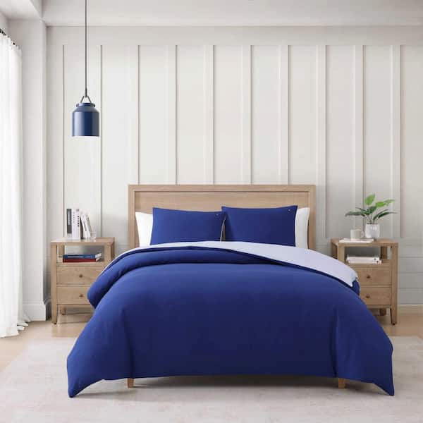 Micro Pique 3-Piece Marine Blue Yarn Dye Cotton Blend Full/Queen Duvet Cover Set