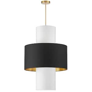 Patrona 4-Light Aged Brass Shaded Pendant Light with Black/Gold/White Fabric Shade