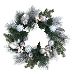 24 in. Unlit Pinecones and Berries Artificial Christmas Wreath with Silver Ornaments