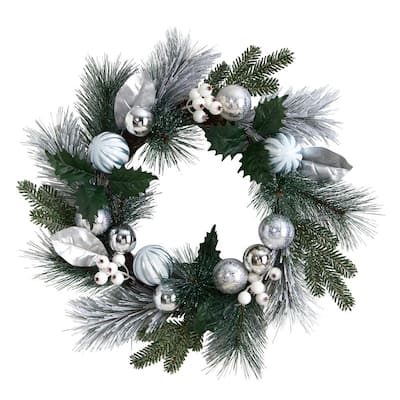 24 in. Artificial D Mixed Snow and Glitter Pine Indoor Wreath