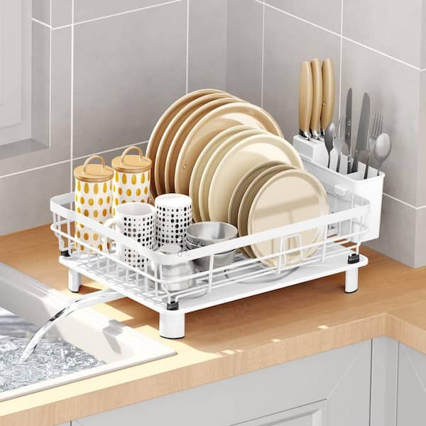 White Iron Dish Drying Rack with Drainboard, Extendable Spout, Utensil Holder and Knife Slots for Kitchen Counter