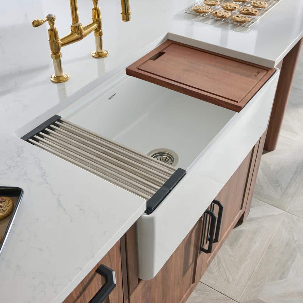 Ruvati 33" White Fireclay Farmhouse Workstation Kitchen Sink