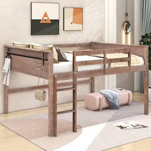 Distressed Style Natural Full Size Wood Low Loft Bed with Hanging Clothes Racks, Built-in Ladder