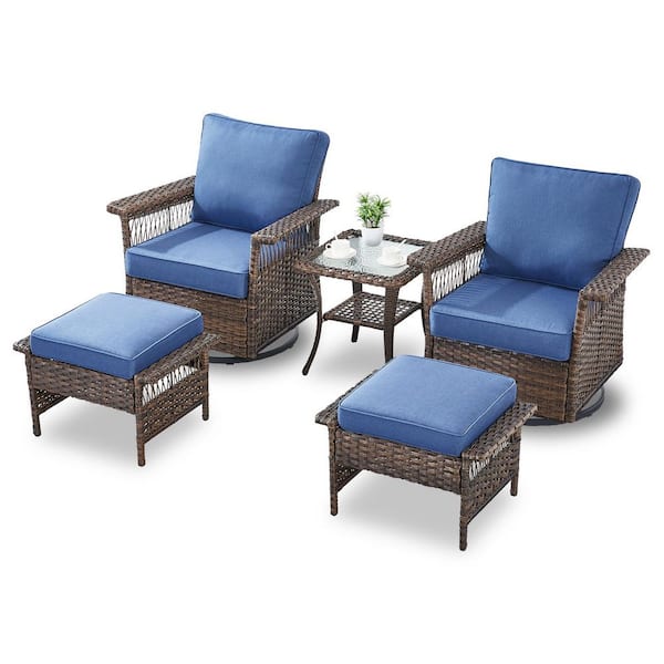 moosprr Seagull 5-Piece Brown Wicker Patio Conversation Set with Blue Cushions and Patio Swivel Chairs/Ottoman