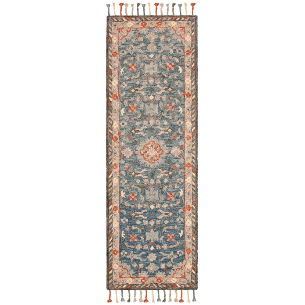 Handmade Rustic-Chic Blue Floral Wool Runner Rug - 27in x 5in