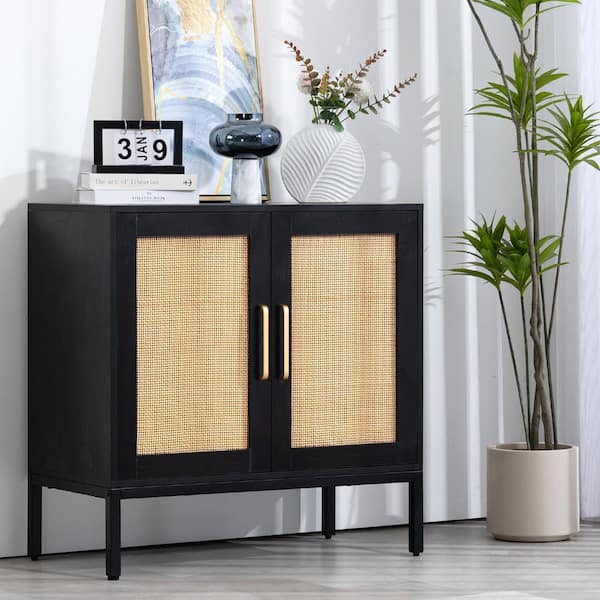 JEAREY Rattan Buffet 2-Door Black Storage Sideboard Cabinet with Adjustable Legs