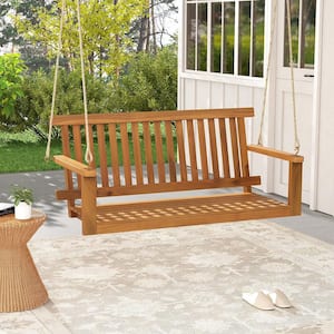2-Person Acacia Wood Porch Swing Bench Chair with 2 Hanging Hemp Ropes for Backyard