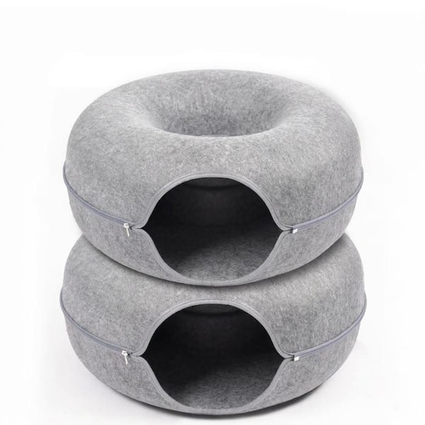 Cat Cave Bed for Indoor Cats, 2PCS Large Cat Tunnel for Multiple Cats, Scratch Detachable Cave Bed, Light Grey, Large