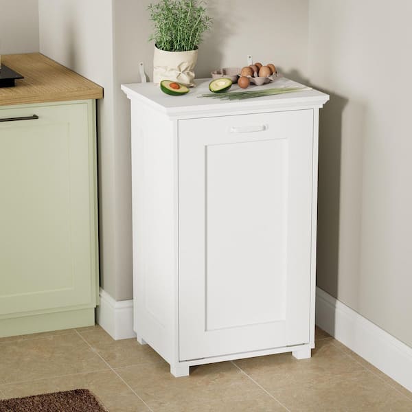 White Wood 20 in. W x 32.2 in. H Food Pantry Cabinet Sideboard, Trash Can Cabinet with Air Purifier and Slanted Drawer