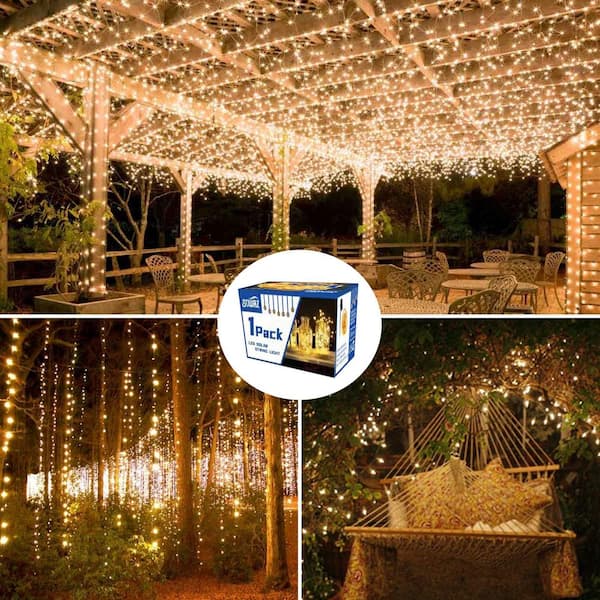 Outdoor 33 ft. Solar Mini Bulb 100 Integrated LED Copper Wire String Light with Warm Color