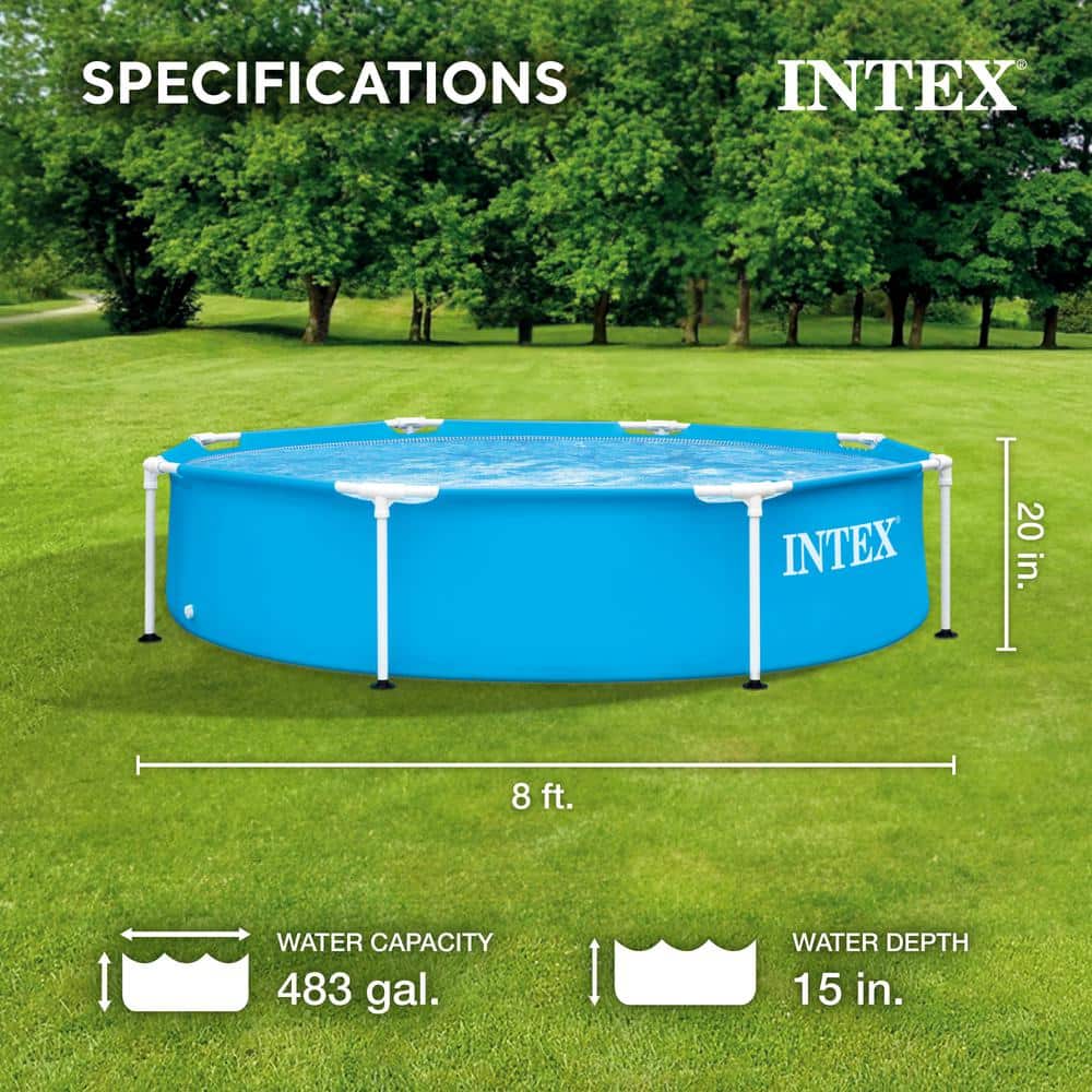 8ft Blue Metal Frame Round Above Ground Swimming Pool with Pump