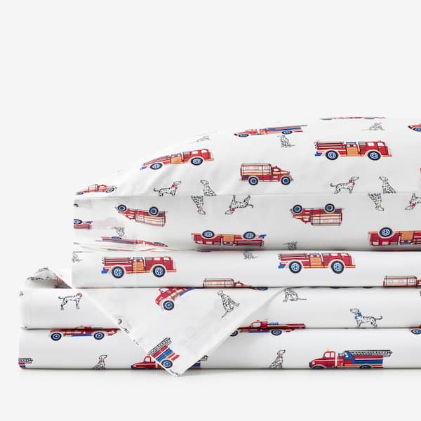 Company Kids by The Company Store Company Kids Fireman's Best Friend 4-Piece Multicolored Graphic 200-Thread Count Organic Cotton Percale Queen Sheet Set