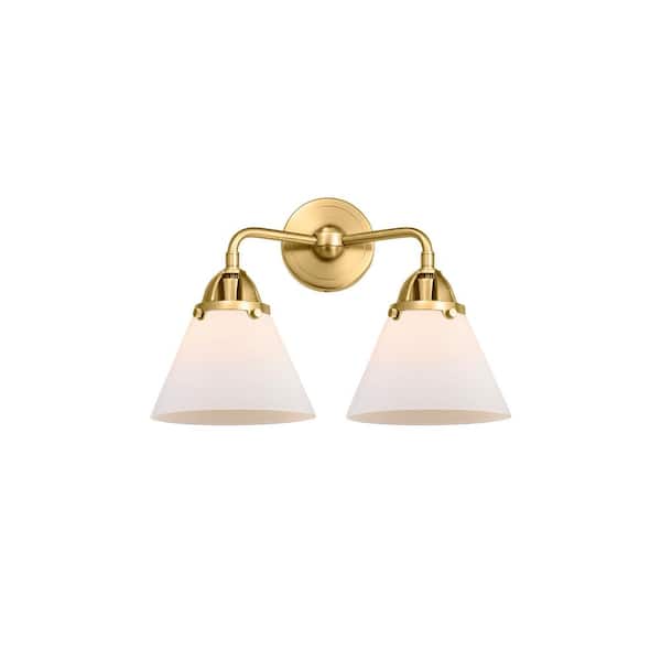 Innovations Cone 15.75 in. 2 Light Satin Gold, Matte White Vanity Light with White Glass Shade