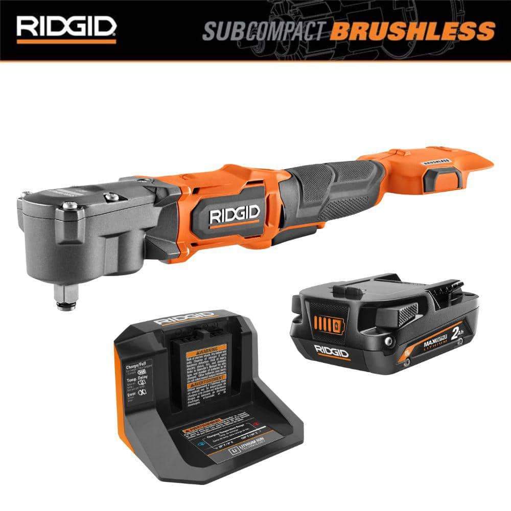 18V Brushless Cordless SubCompact 1/2 in. Right Angle Impact Wrench with with 2.0 Ah MAX Output Battery and Charger -  RIDGID, R8721BandC