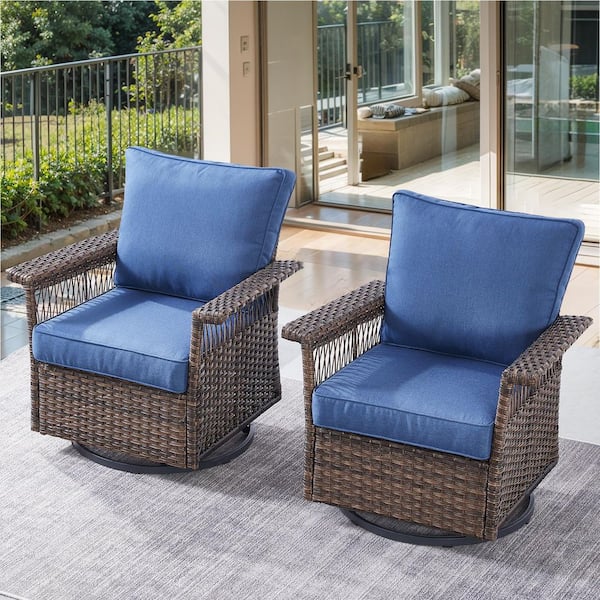 Pocassy Seagull Collection Swivel Wicker Outdoor Rocking Chair Furniture with Deep Seat and CushionGuard Blue Cushions