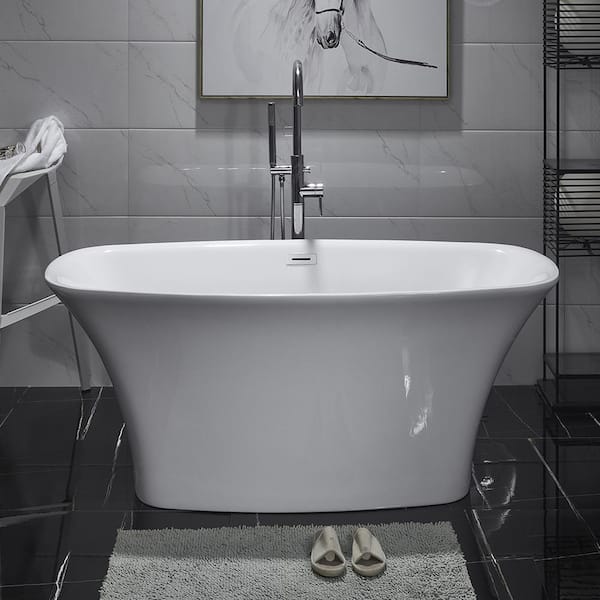 MYCASS 67 in. x 30.7 in. Acrylic Flatbottom Oval Japanese Soaking Anti-Yellowing Bathtub with Center Drain in White