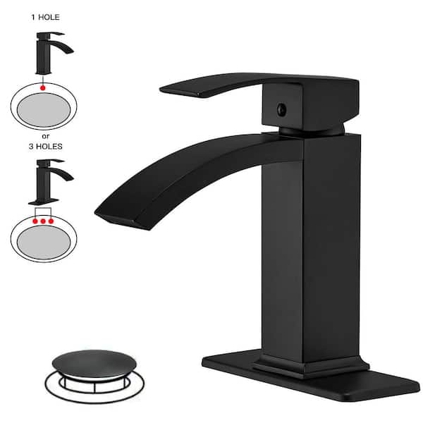 BWE Waterfall Single Hole Single-Handle Low-Arc Bathroom Sink Faucet With Pop-up Drain Assembly In Matte Black