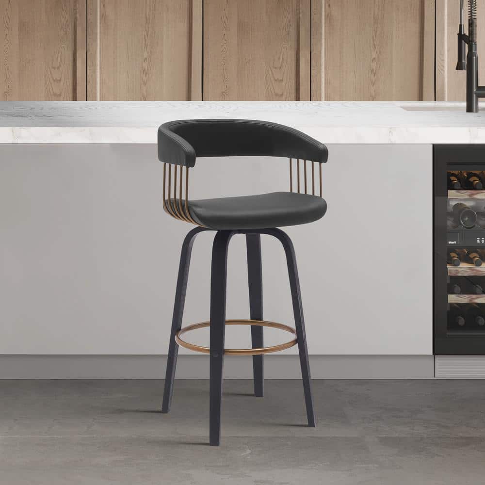 Adjustable Black Faux Leather Swivel Bar Stool with Walnut Wood