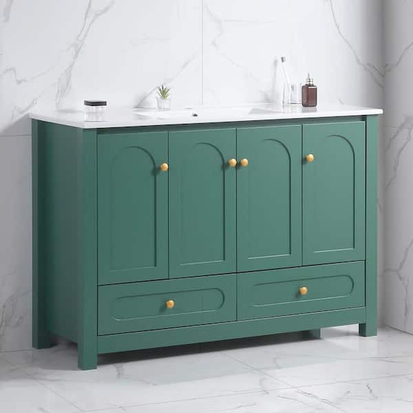 48 in. Freestanding Single Sink Green Bath Vanity with White Ceramic Top