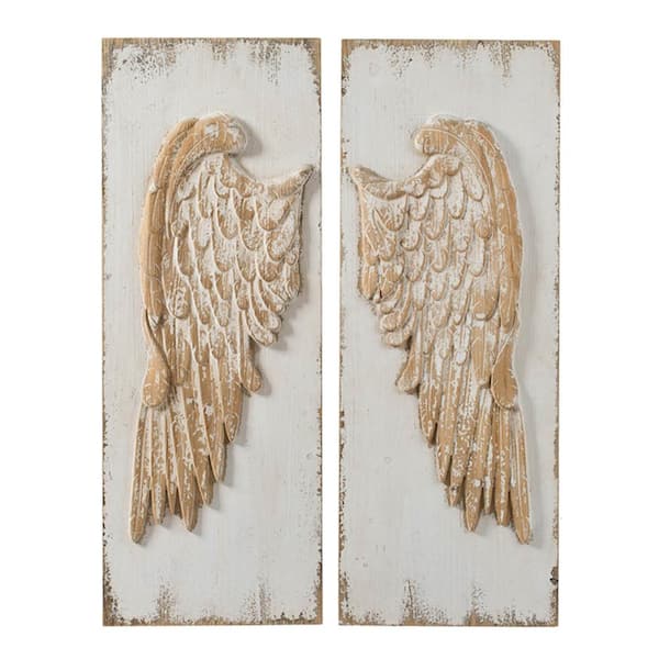 Benjara White and Brown Wooden Framed Frame Wing Wall Art Decor (Set of 2)