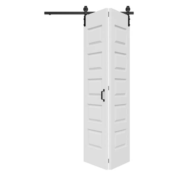 48 in. x 84 in. Paneled 5-Lite White Primed Hollow Core MDF Composite Bi-fold Door with Bifold Barn Door Hardware