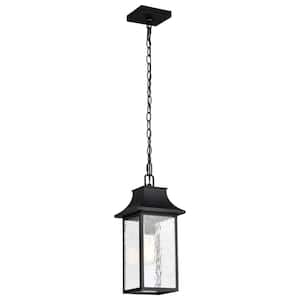Austen 17.25 in. 1-Light Matte Black Dimmable Outdoor Pendant Light with Clear Water Glass and No Bulbs Included
