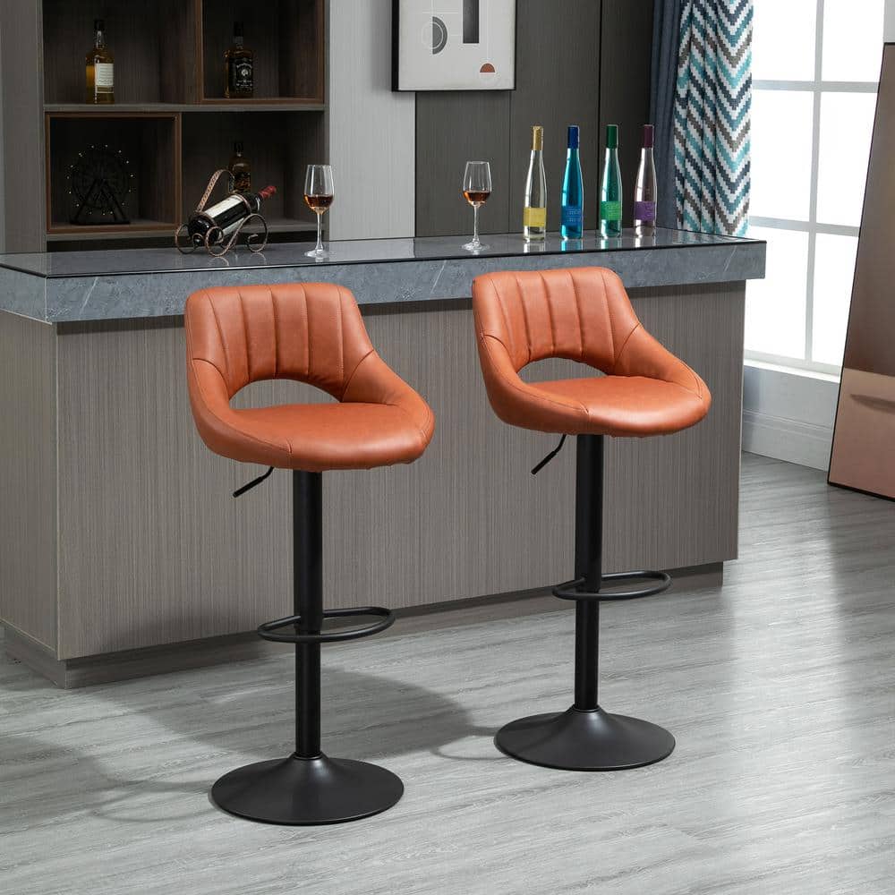 Adjustable Swivel Barstool in Brown Leather with Metal Base