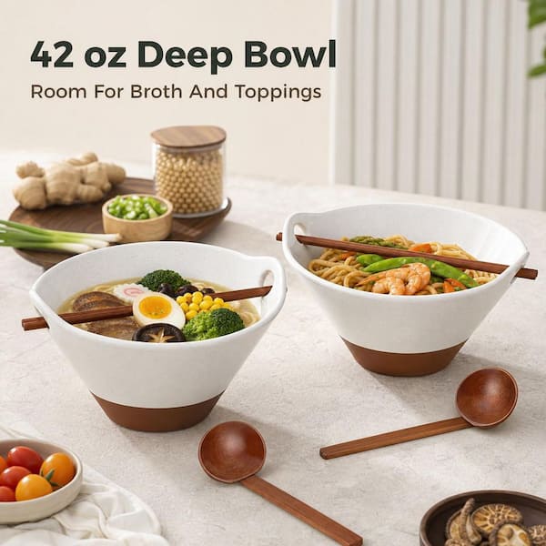 食器  soup bowl Numhew 42 fl. oz. White Ceramic Soup Bowl Set with Wooden Spoon