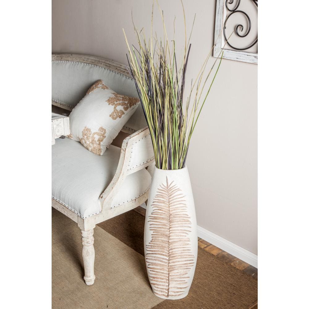 Bohemian White Leaf Polystone Floor Vase 9" x 25"