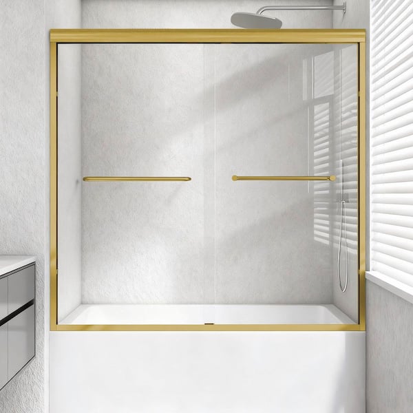 56-60 in. W x 60 in. H Semi-Frameless Sliding Tub Door in Brushed Gold with Clear 1/4 in. Thick Tempered Glass
