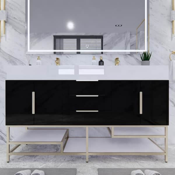 Bethany 59 in. W. x 20 in. D x 36 in. H Double Sink Freestanding Bath Vanity in Gloss Black with White Acrylic Top