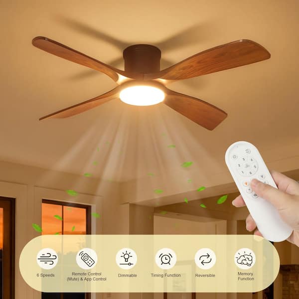 54 in. Smart Indoor Modern Red Wood Black Low Profile Standard Ceiling Fan with Bright White Integrated LED, 4 Blades