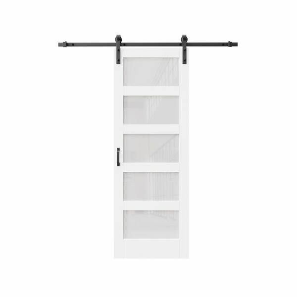 36 in. x 80 in. 5-Lite Frosted Glass White Primed MDF Sliding Barn Door with Hardware Kit and Soft Close for Bathroom