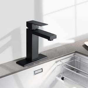 Leaf Single-Handle Single-Hole Bathroom Sink Faucet with Pop-Up Drain Deck Plate Vanity Sink Faucet in Matte Black