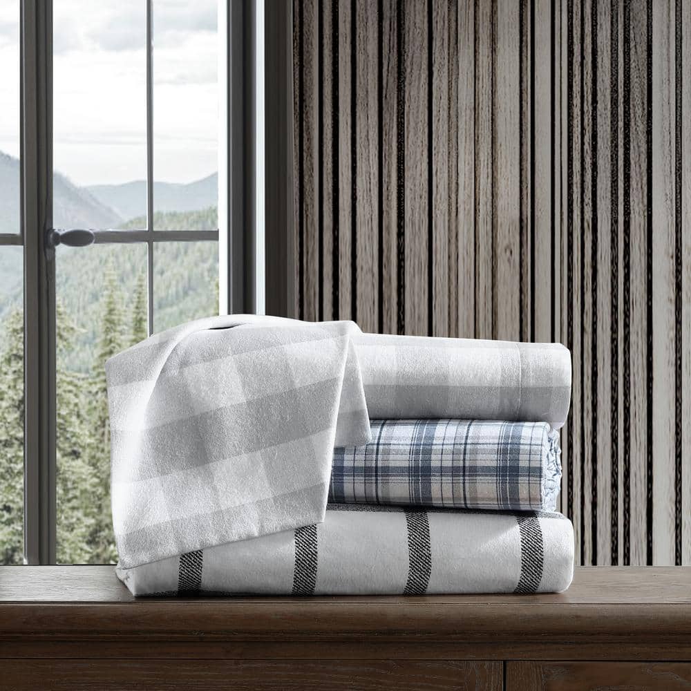 Gray Plaid Cotton Flannel Twin Sheet Set with Deep Pockets