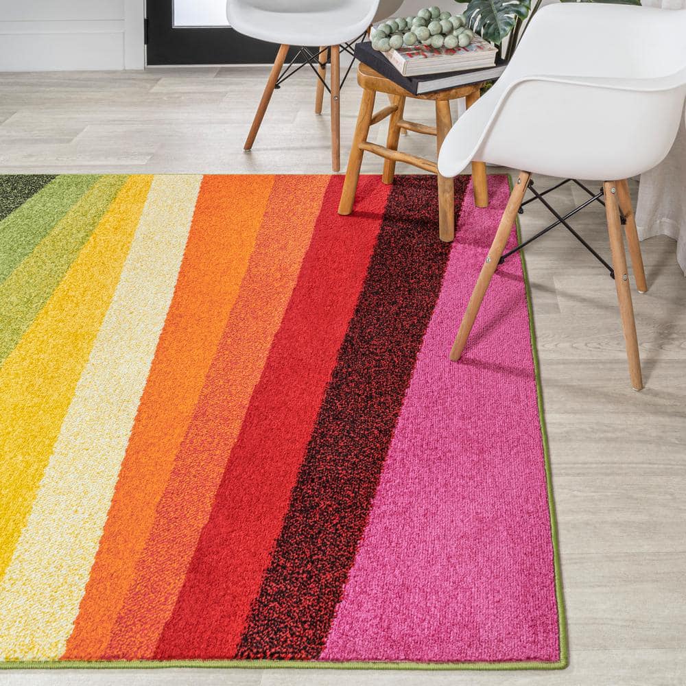 Colorful Geometric Striped Blue Synthetic Kids' 4' x 6' Rug