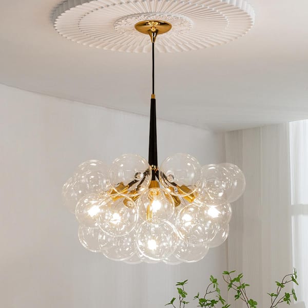 Alma 6-Light 24.8 in.W Gold and Black Cluster Bubble Chandelier with Clear Glass and Leather, LED Bulbs Included